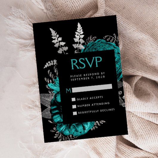 Moody Dark Floral Aquamarin Silver Wedding RSVP Begleitkarte
