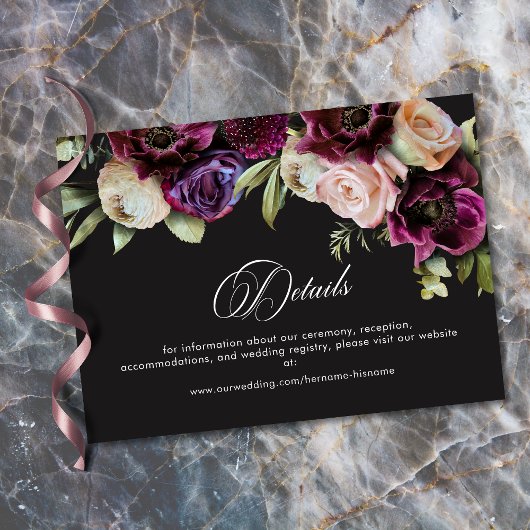 Moody Dark Floral Black Burgundy Romantic Wedding Begleitkarte