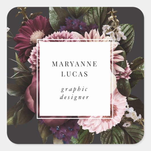 Moody Dark Floral Elegante Business Card Quadratischer Aufkleber (Vorderseite)