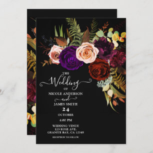 Moody Dark Floral Greenery Bold Color Chic Wedding Einladung