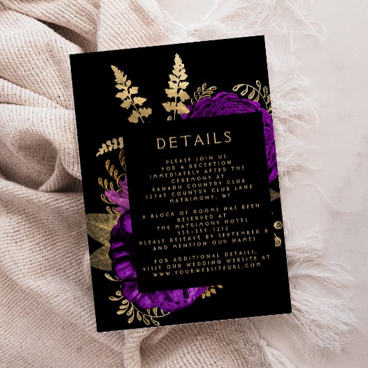 Moody Dark Floral Lila Gold Hochzeitdetails Begleitkarte
