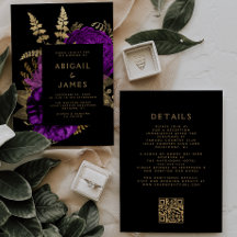 Moody Dark Floral Lila Gold QR Code Wedding
