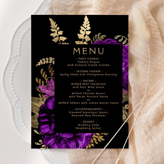 Moody Dark Floral Lila Gold Wedding Menükarte