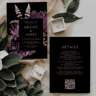 Moody Dark Floral Lila Rose Gold QR Code Wedding Einladung