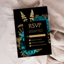 Moody Dark Floral Türkise Gold Wedding RSVP