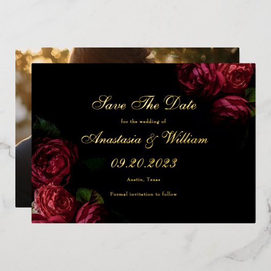 Moody Dark Floral Wedding Save the Date Foto Folieneinladung (Vorderseite/Rückseite)