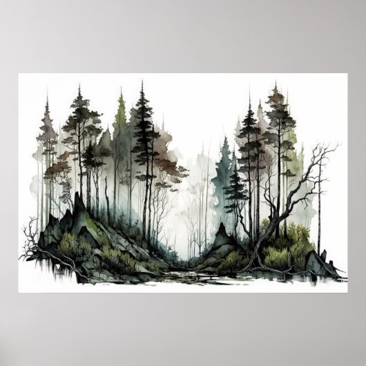 Moody Dark Forest Watercolor Poster (Vorne)