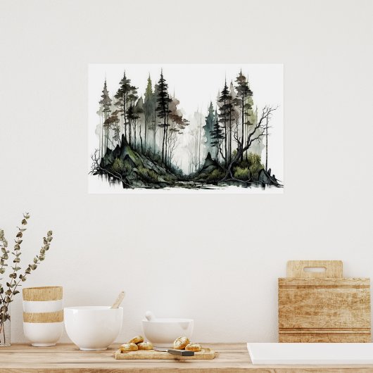 Moody Dark Forest Watercolor Poster (Küche)