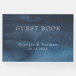Moody Dark Navy Blue Watercolor Wash Wedding Gästebuch