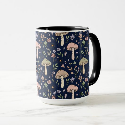 Moody Dark Navy Fungi Seamless Pattern Tasse (VorderseiteRechts)