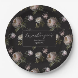 Moody Dark Peony Floral Baby Shower Pappteller