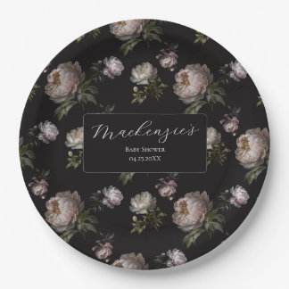 Moody Dark Peony Floral Baby Shower Pappteller