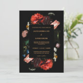 Moody Dark Red Floral Black Custom Request Wedding Einladung (Stehend Vorderseite)