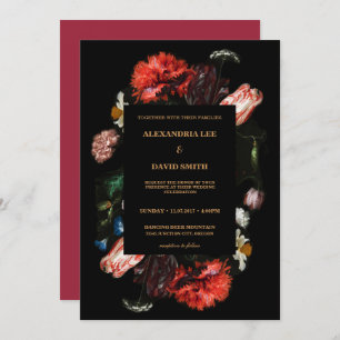 Moody Dark Red Floral Black Custom Request Wedding Einladung