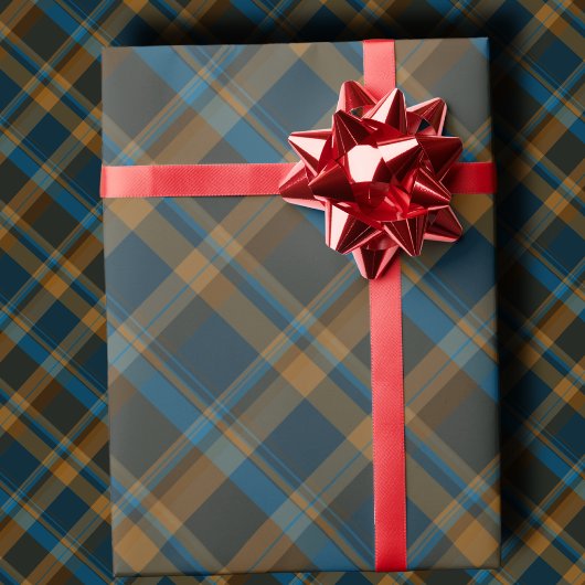 Moody Diagonal Navy, Brown and Copper Tartan Plaid Geschenkpapier