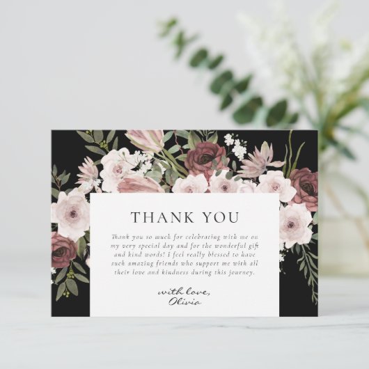 Moody Dusty Rose Floral Brautparty Dankeskarte (Stehend Vorderseite)