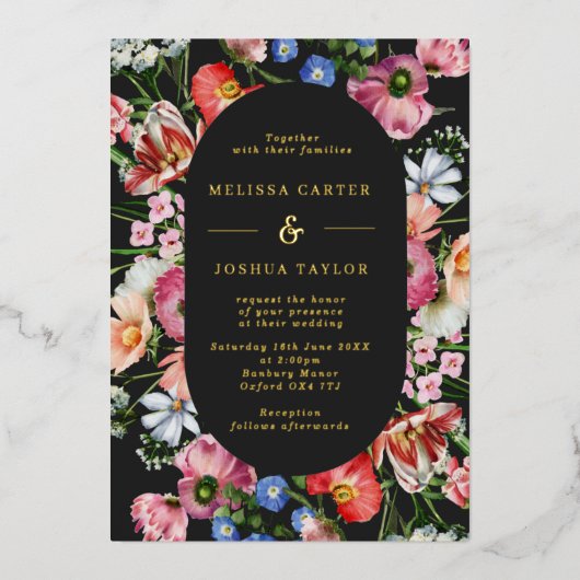 Moody Dutch Floral Burst Frame Wedding Gold Folieneinladung (Vorderseite)