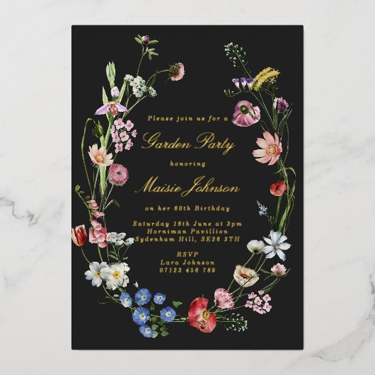 Moody Dutch Floral Garden Party Birthday Gold Folieneinladung (Vorderseite)