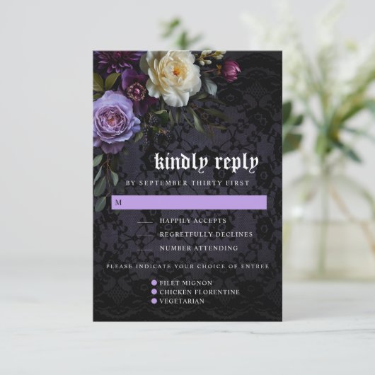 Moody Elegant Lila Gothic Garden | Optionen RSVP Karte (Stehend Vorderseite)