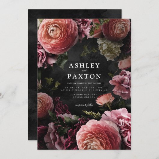 Moody Elegant Pink | Floral Bouquet auf Black Invi Einladung (Vorne/Hinten)