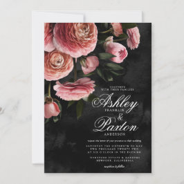 Moody Elegant Pink | Floral Bouquet auf Black Invi Einladung