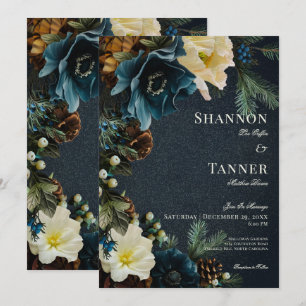 Moody Elegant Winter Blue Pine Wedding Einladung