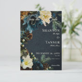 Moody Elegant Winter Blue Pine Wedding Save The Date (Stehend Vorderseite)