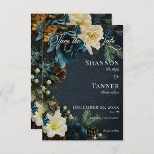 Moody Elegant Winter Blue Pine Wedding Save The Date