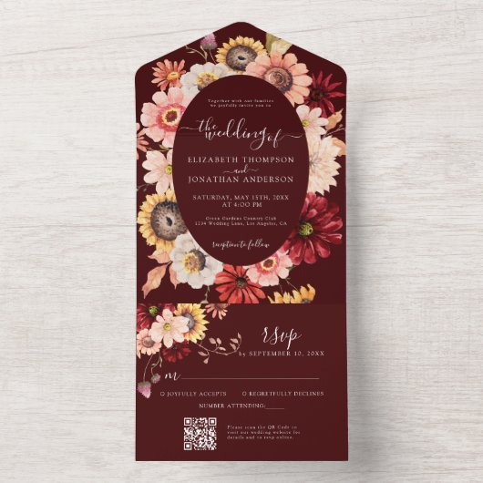 Moody Fall Burgundy Blumenblumen oder Code All In One Einladung (Innen Boden)