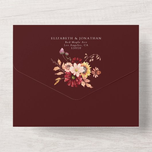 Moody Fall Burgundy Blumenblumen oder Code All In One Einladung (Rückseite)