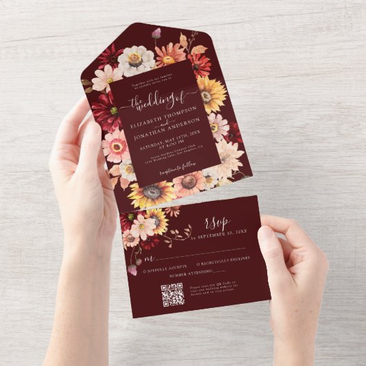 Moody Fall Burgundy Floral Dahlia Rustic OR Code All In One Einladung (Abreißen)