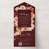 Moody Fall Burgundy Floral Dahlia Rustic OR Code All In One Einladung (Innen Boden)