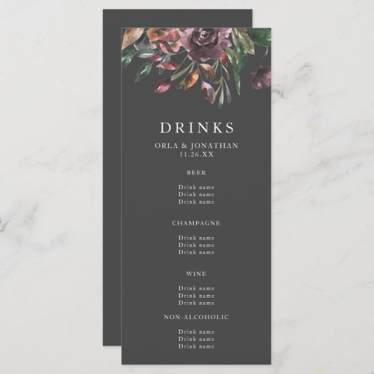 Moody Fall Floral Burst Wedding Drinks Menü Menükarte (Vorne/Hinten)