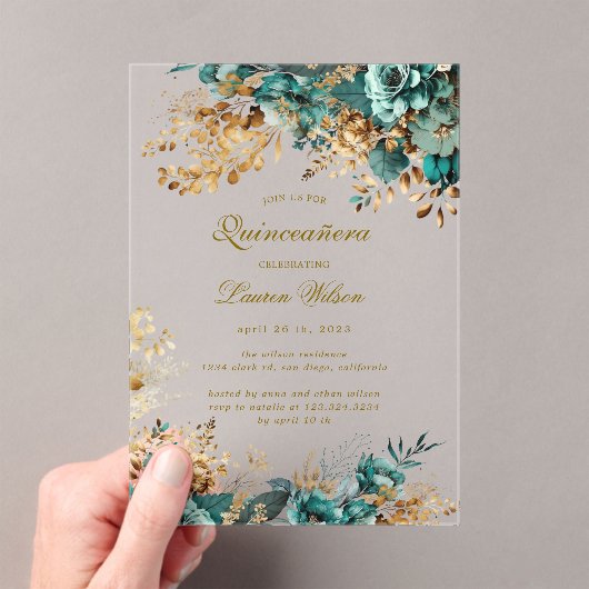 Moody Floral Aquamarin Quinceañera Acryleinladungen (Insitu (Handheld))