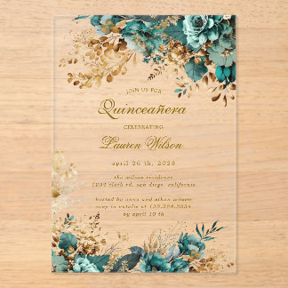 Moody Floral Aquamarin Quinceañera Acryleinladungen