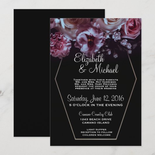 Moody Floral & Black Wedding mit Silver Einladung (Vorne/Hinten)