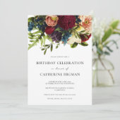 Moody Floral Burgundy Birthday Einladung (Stehend Vorderseite)