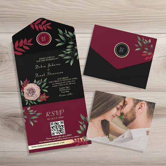 Moody Floral Burgundy Black Wedding All In One Einladung