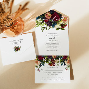 Moody Floral Burgundy Calligraphy Wedding All In One Einladung