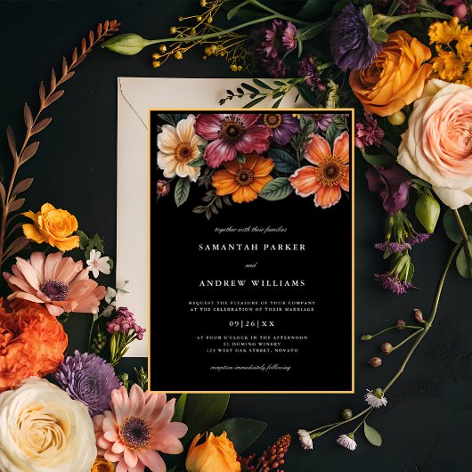 Moody Floral Dark Elegant Vintage Wedding Einladung