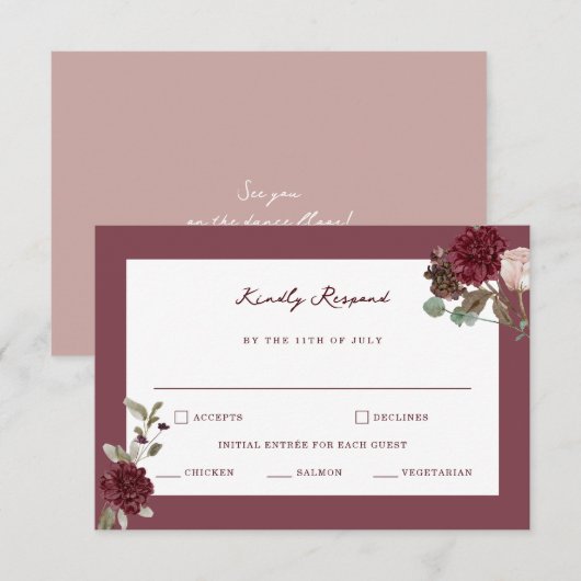 Moody Floral Fine Art Wedding RSVP Card Begleitkarte (Vorne/Hinten)