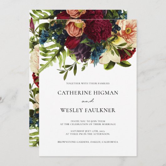 Moody Floral Foto Burgundy Wedding Einladung (Vorne/Hinten)