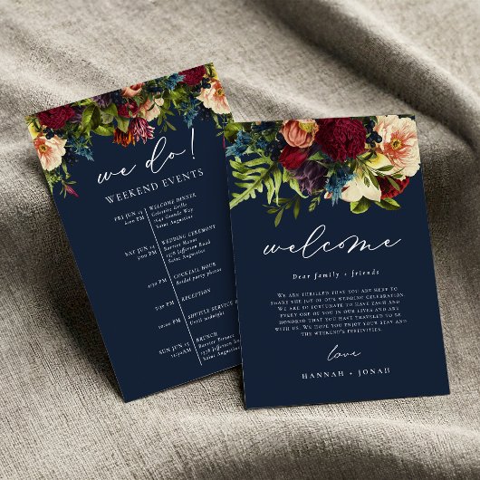 Moody Floral Navy Blue Wedding Welcome Bag Card Einladung