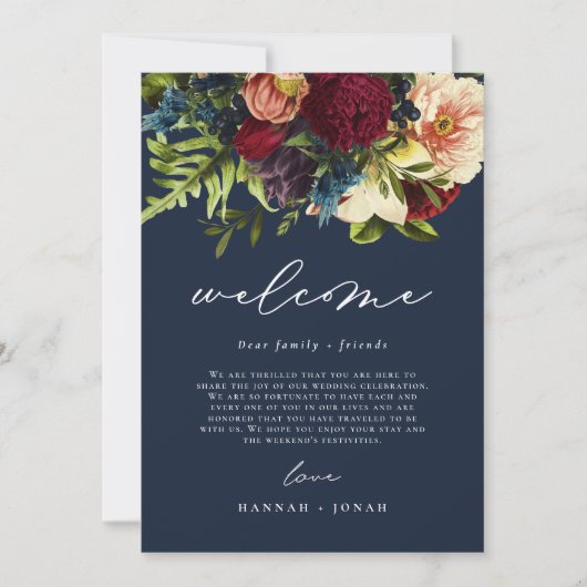 Moody Floral Navy Blue Wedding Welcome Bag Card Einladung (Vorderseite)