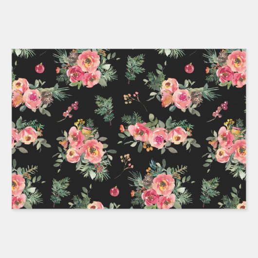 Moody Floral Pattern | Black Christmas Botanical Geschenkpapier Set (Vorderseite 2)