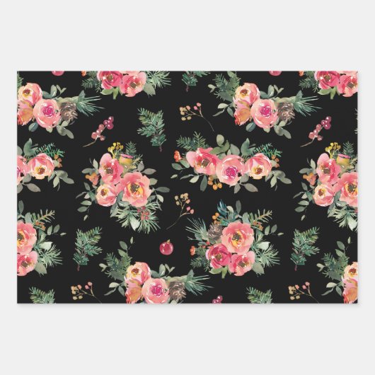 Moody Floral Pattern | Black Christmas Botanical Geschenkpapier Set (Vorderseite)