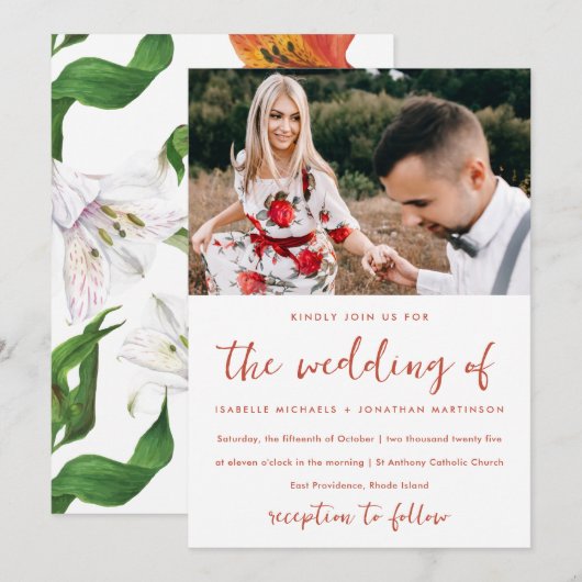 Moody Floral Pattern Foto Wedding Einladung (Vorne/Hinten)