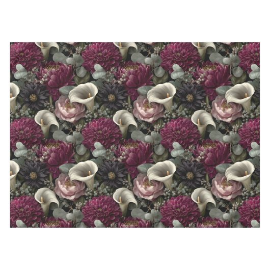 Moody Floral Pattern with Dahlias and Calla Lilies Tischdecke (Vorderseite (Horizontal))