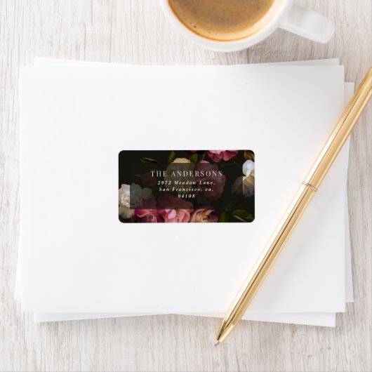 Moody Floral Wedding Dark Romantic Black Burgundy Adressaufkleber (Insitu)