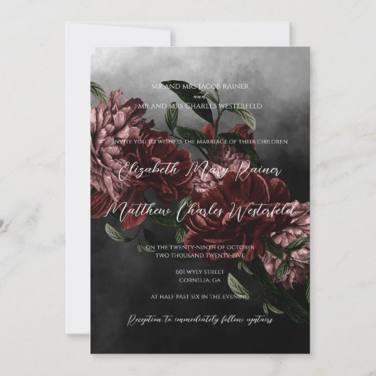 Moody Floral Wedding Einladung mit QR-Code (Vorderseite)